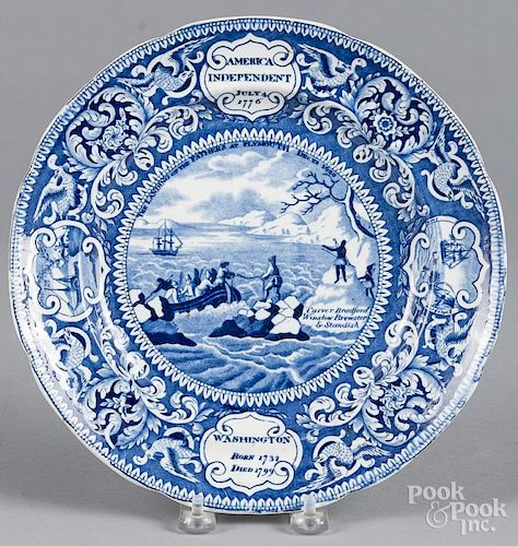 Historical blue Staffordshire Landing of the Fathers plate, 19th c., 10'' dia.