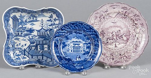 Three pieces of Staffordshire, to include a chinoiserie dish 8 3/8'' l., 8 3/8'' w., a Millennium plat