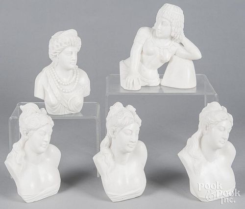 Five contemporary marble female busts, tallest - 8''.