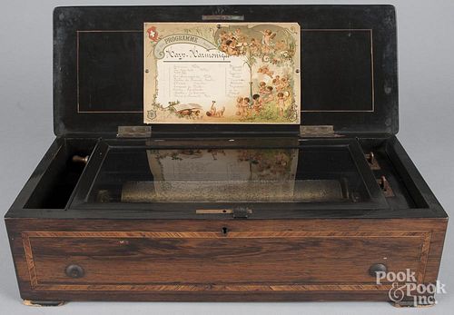 Swiss cylinder music box, late 19th c., with inlaid case, 7'' h., 25'' w.