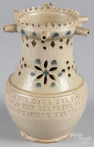 English pottery puzzle jug, 19th c., with cobalt highlights and inscription, 7 5/8'' h.