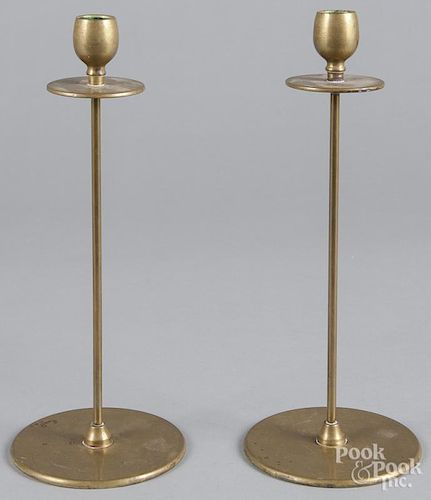 Pair of Jarvie arts and crafts brass candlesticks, 12 1/4'' h.