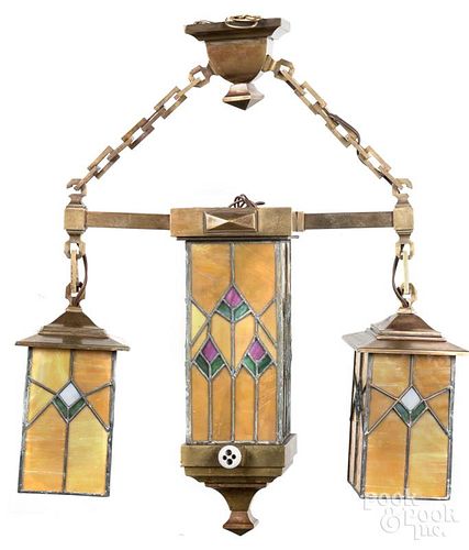 Arts and Crafts brass and leaded glass chandelier, 24'' h.