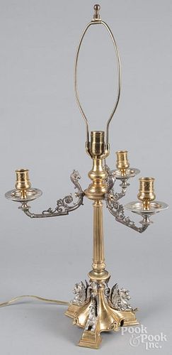 Engraved brass and silver plated candelabrum table lamp, 30'' h.