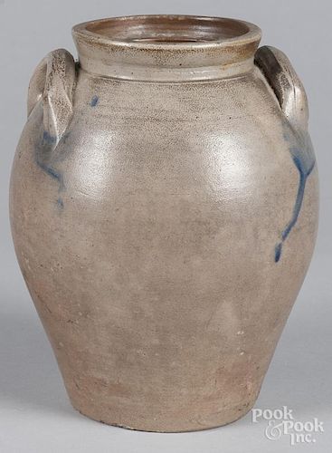 Stoneware ovoid crock, early 19th c., with cobalt highlights on handles, 9 3/4'' h.