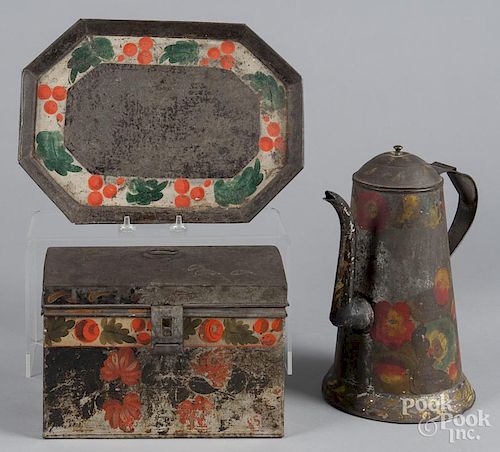 Three pieces of Pennsylvania toleware, 19th c., to include a gooseneck coffee pot, a dome lid box an