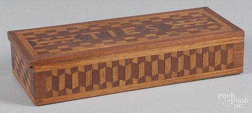 Parquetry Ties slide lid box, early 20th c., 3'' h., 14'' w.