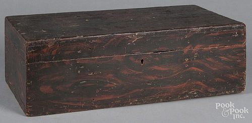 New England painted pine lock box, 19th c., retaining its original red and black swirl decoration, 7