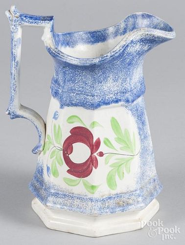 Blue spatter pitcher with dams rose, 19th c., 10'' h.