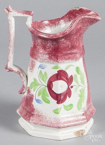 Red spatter pitcher with Adams Rose, 19th c., 9 3/4'' h.