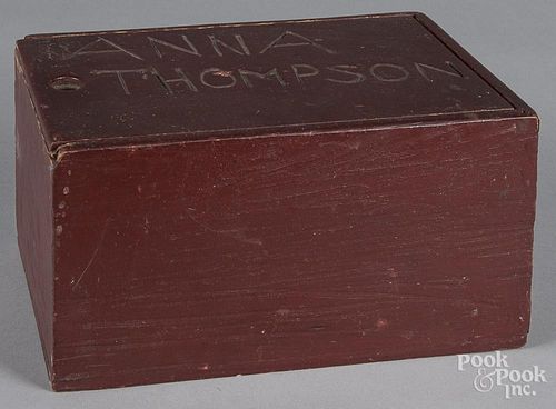 Painted basswood slide lid box, early 20th c., inscribed Anna Thompson, 6'' h., 11 1/4'' w.