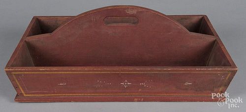 Large painted utensil tray, 19th c., retaining its original red surface with yellow pinstriping, 8''