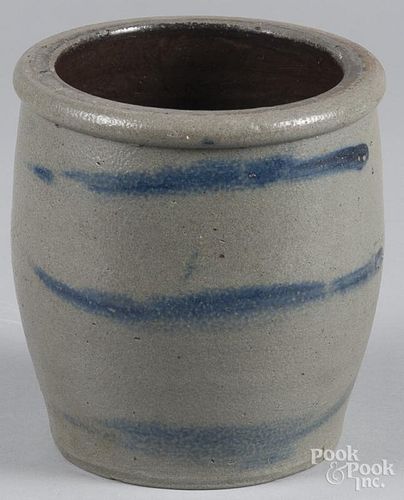 Western Pennsylvania stoneware crock, 19th c., with cobalt bands, 6 1/4'' h.