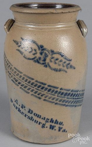 West Virginia stoneware crock, 19th c., with cobalt decoration, inscribed A. P. Donaghho Parkersbur