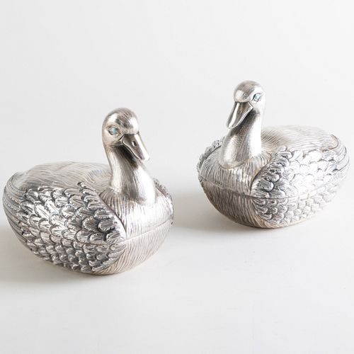 Pair of Mexican Tane Silver Bird Form Boxes and Covers