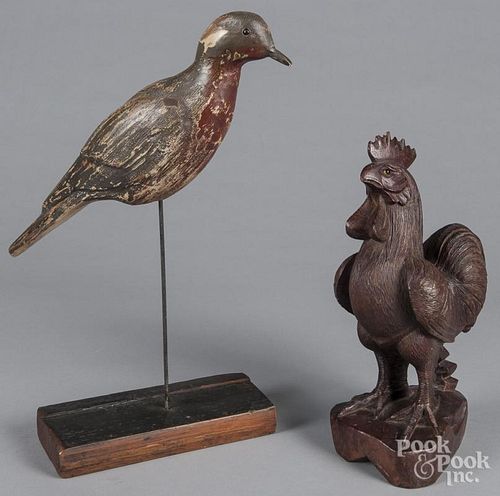 Carved mahogany rooster, 12'' h., together with a shorebird, 16'' h.