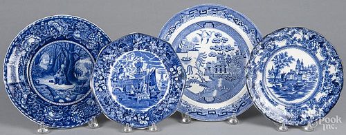 Four blue Staffordshire plates, 19th/20th c., 8'' - 10 5/8'' dia.