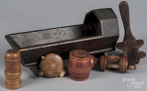 Woodenware 19th c., to include a doll cradle, sewing clamp, etc.