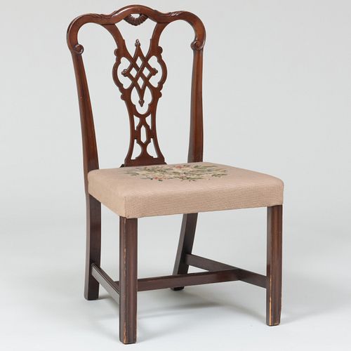 George III Style Carved Mahogany Side Chair with a Needlework Seat