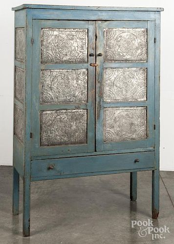 Painted pine and poplar pie safe, 19th c., with punched tin panels, retaining an old blue surface, 5