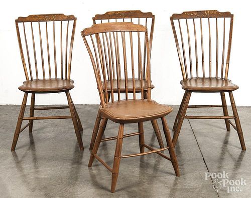 Four rodback Windsor chairs, ca. 1825, retaining old salmon surfaces with black pinstriping.