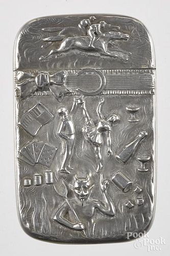 Sterling silver life's vices match vesta safe, includes relief images of horse racing, gambling, dri
