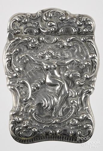 Unger Brothers sterling silver heavily embossed nude woman match vesta safe, 2 1/2'' h.