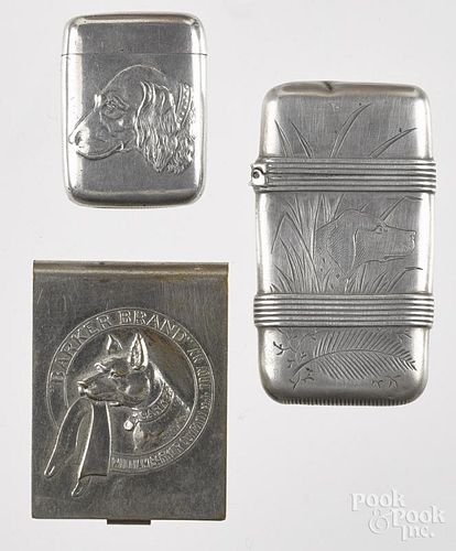 Three dog match vesta safes, to include a Whiting sterling example with hunting retriever, dated 18