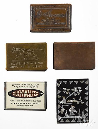 Five match box covers, to include Buckwalter Stove Co. - Royersford Pa., Tiger Bronze Axle and Ar