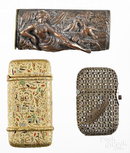 Three match vesta safes, to include a pierced brass example with a gondola, 2'' h., a mixed metal exa