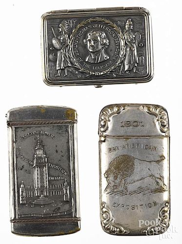 Two nickel plated Pan American Exposition match vesta safes, one inscribed Buffalo - Niagara Falls