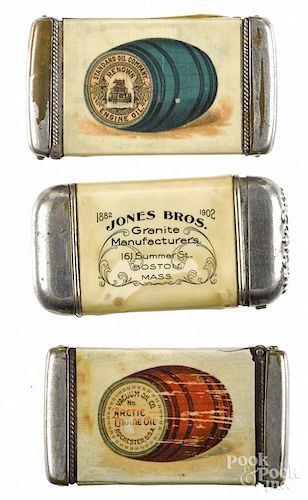 Three celluloid advertising match vesta safes, to include one inscribed Standard Oil Company - Reno