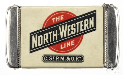 The North-Western Line railroad celluloid advertising match vesta safe, 2 3/4'' h.