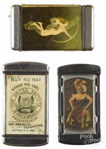 Three celluloid advertising match vesta safes, to include one inscribed The United Hatters of North