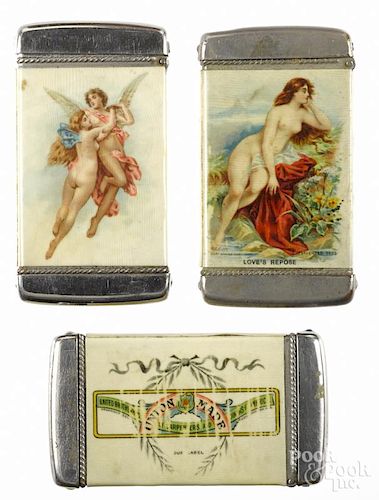Three celluloid advertising match vesta safes, to include one United Brotherhood of Carpenter's and