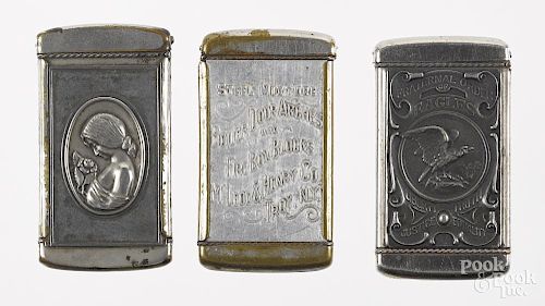 Three nickel plated advertising match vesta safes, to include one Fraternal Order of Eagles, one i