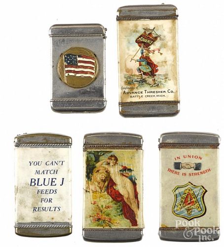 Four celluloid advertising match vesta safes, to include one United Brotherhood of Carpenter's and