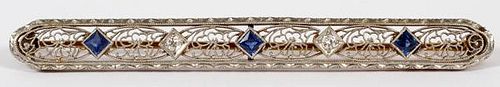 ANTIQUE SAPPHIRE AND DIAMOND 14KT WHITE GOLD PIN
