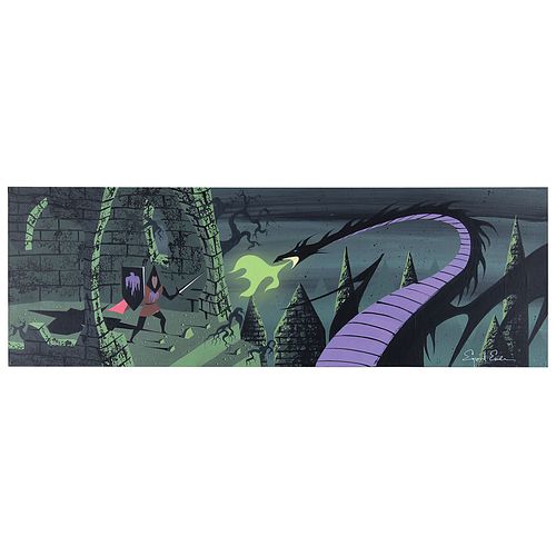 Eyvind Earle concept painting of Prince Phillip and Maleficent from Sleepin Beauty