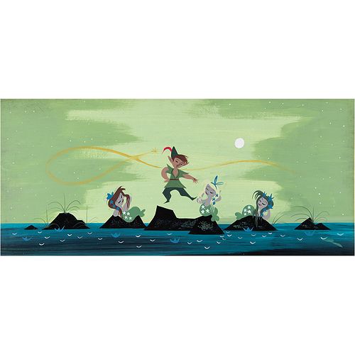 Mary Blair concept painting of Peter Pan, Tinker Bell, and Mermaids from Peter Pan