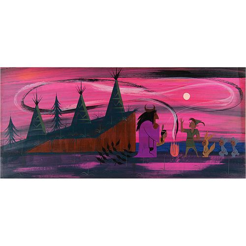 Mary Blair concept painting of Peter Pan, Tiger Lily, the Lost Boys, and Native Chief from Peter Pan