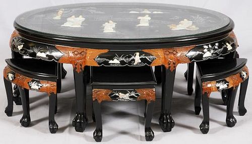 CHINESE BLACK LACQUER AND HARDSTONE TABLE & STOOLS