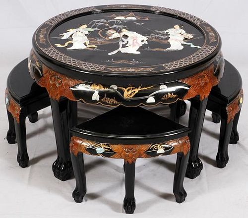 CHINESE LACQUER & HARDSTONE INLAY TABLE & STOOLS