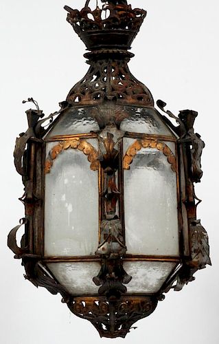 METAL AND GLASS LANTERN FORM CHANDELIER