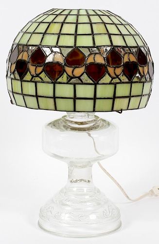 TIFFANY STYLE SLAG GLASS SHADE & PRESSED GLASS LAMP