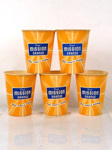 Lot of 5 1950s Mission Orange Soda 9oz Wax-Coated Paper Cups