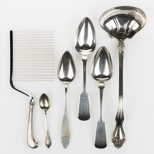 AMERICAN AND EUROPEAN STERLING, COIN, AND OTHER SILVER SERVING UTENSILS AND SPOONS, LOT OF SIX
