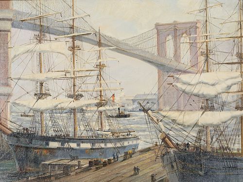 Henry Scott Oil on Panel New York Harbor Scene