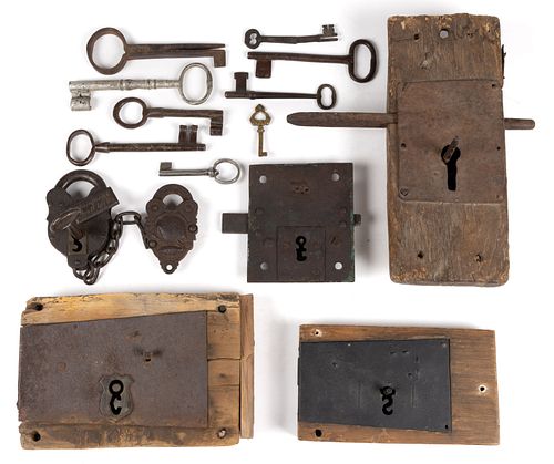 ASSORTED ANTIQUE LOCKS AND KEYS, LOT OF 15