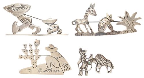 (4) STERLING & SILVER FIGURAL BROOCHES, MEXICO